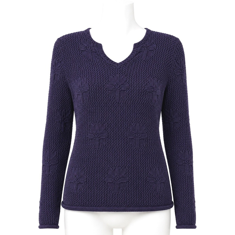Christopher & Banks Sweater Womens Medium Purple Ramie Cotton Floral Notch Neck